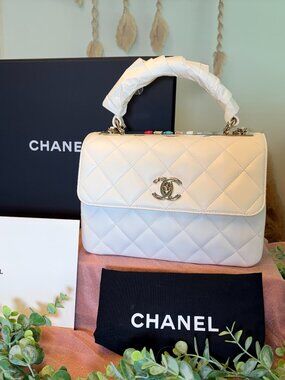 NWOT Chanel Trendy Top Handle Flap Bag – White Leather with Multicolor Logo